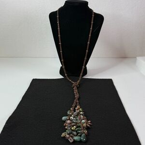 Vintage | Brass Copper Rope Chain | Jade Color Stones Beads Lariat Necklace